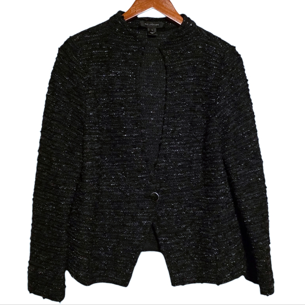 St. John Boucle Knit Jacket in Black/Silver Size 14
